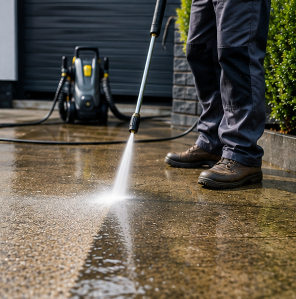Pressure washing a driveway