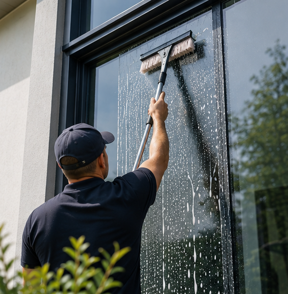 Window cleaning in progress